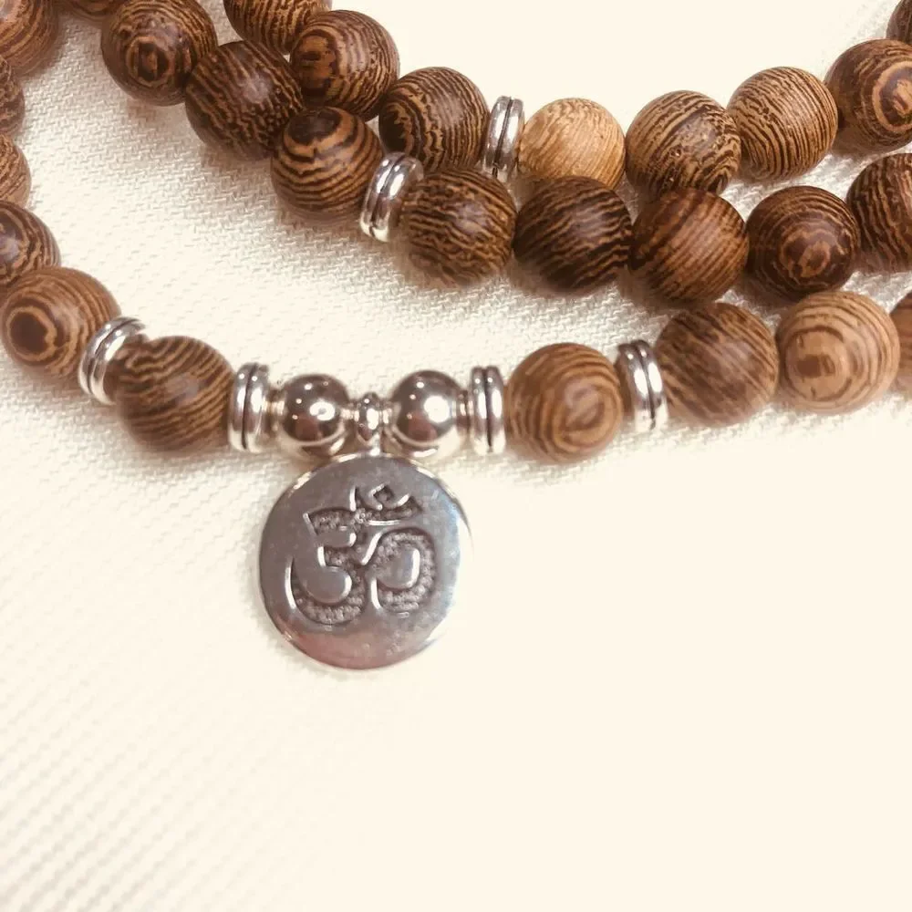 Tibetan Wood Bead Necklace with Om Charm